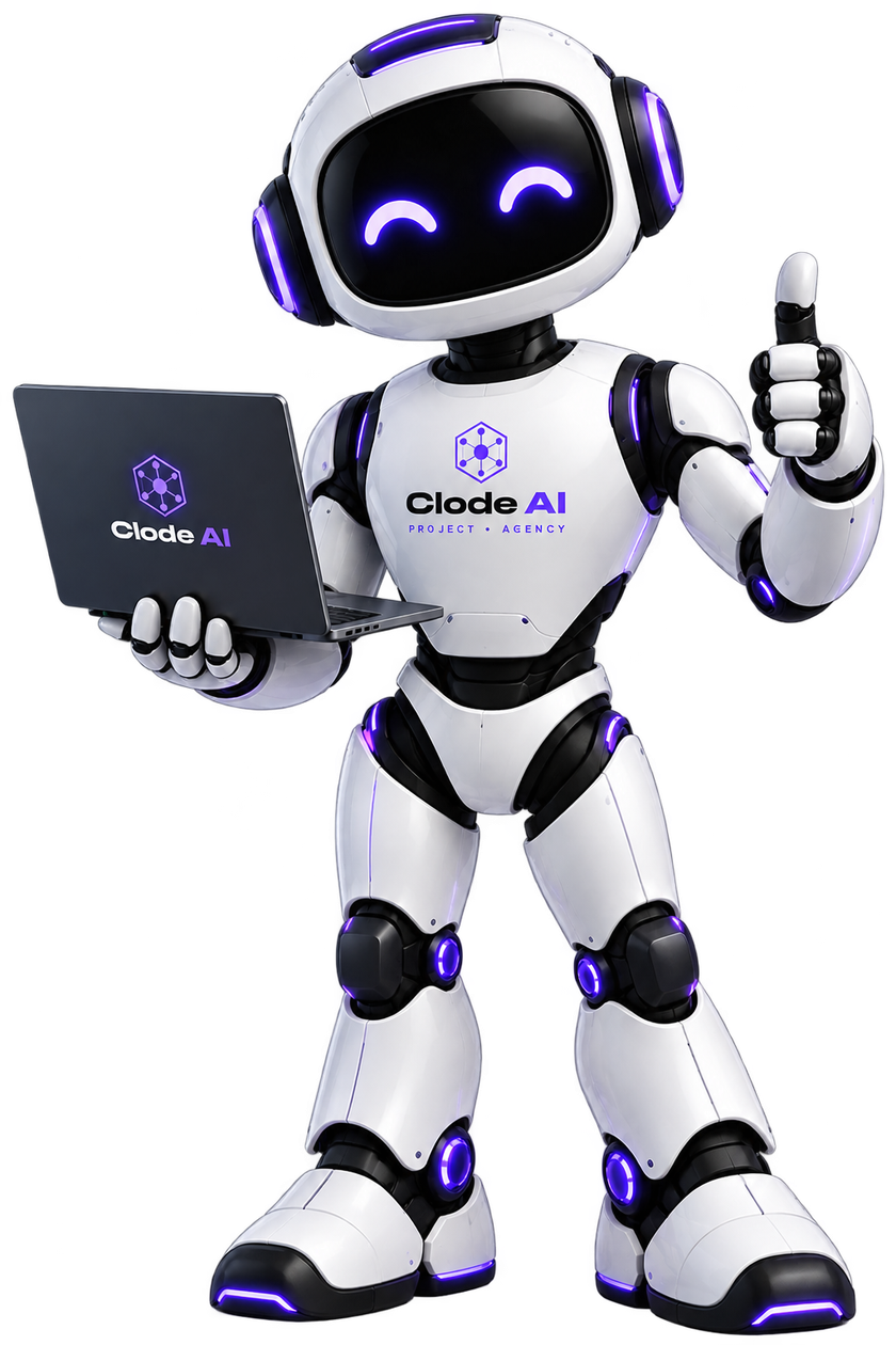 Robot mascota de Clode AI sosteniendo una laptop con el logo de la marca